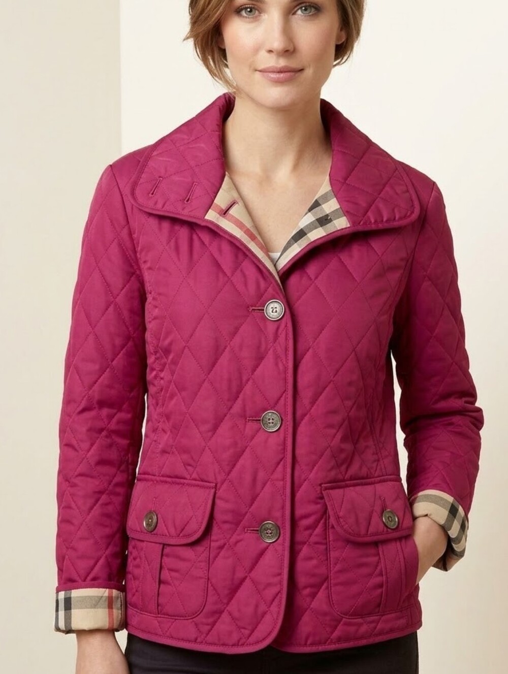Burberry London Magenta Pink Quilted Jacket Large Petite Nova Check